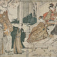 estampe japonaise de Toyokuni Utagawa, courtisanes et hommes assis sur une terrasse autour d'un plat de poisson,  courtisane accrochant un voeu sur la branche d'un cerisier, porté par un homme.