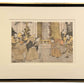 estampe japonaise encadrée de Toyokuni 1, hommes en kimono avec sabres se saluant le jour de l'an, décor bambou et pin, avec cadre noir et or