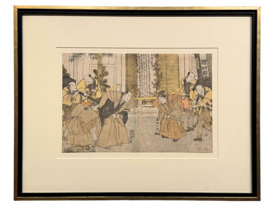 estampe japonaise encadrée de Toyokuni 1, hommes en kimono avec sabres se saluant le jour de l'an, décor bambou et pin, avec cadre noir et or