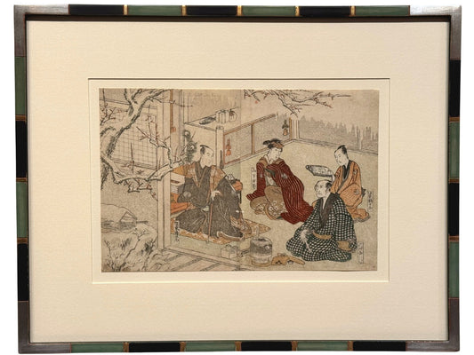 estampe japonaise encadrée de Toyokuni Utagawa, hommes assis écoutant la lecture d'un poème, arbres recouvert de neige. Avec cadre artisanal angles argent, bague or et alternance de vert et noir