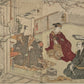 estampe japonaise de Toyokuni Utagawa, hommes assis écoutant la lecture d'un poème, arbres recouvert de neige