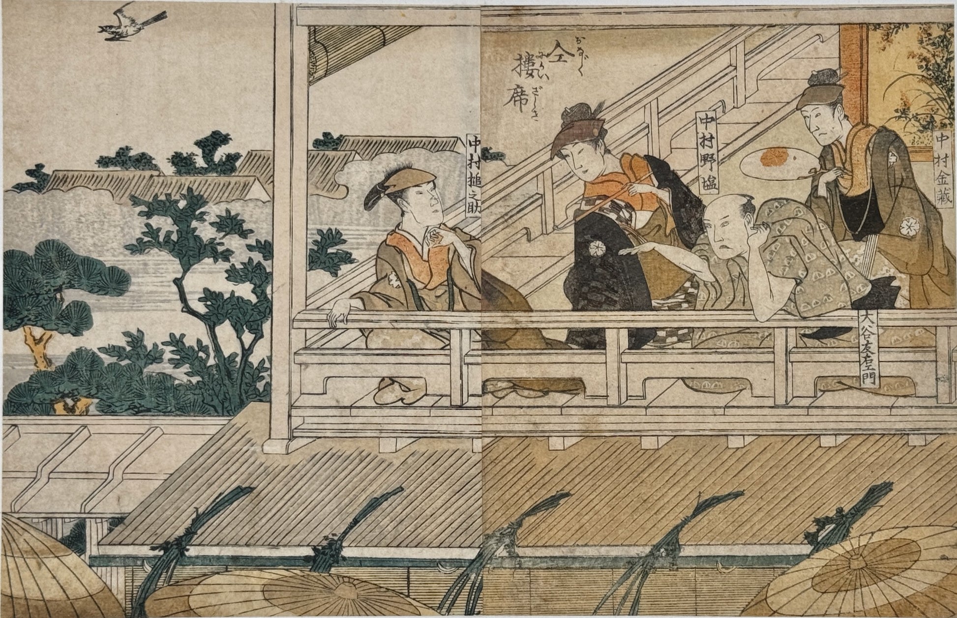 estampe japonaise de Toyokuni 1 Utagawa, hommes fumant la pipe sur une terrasse