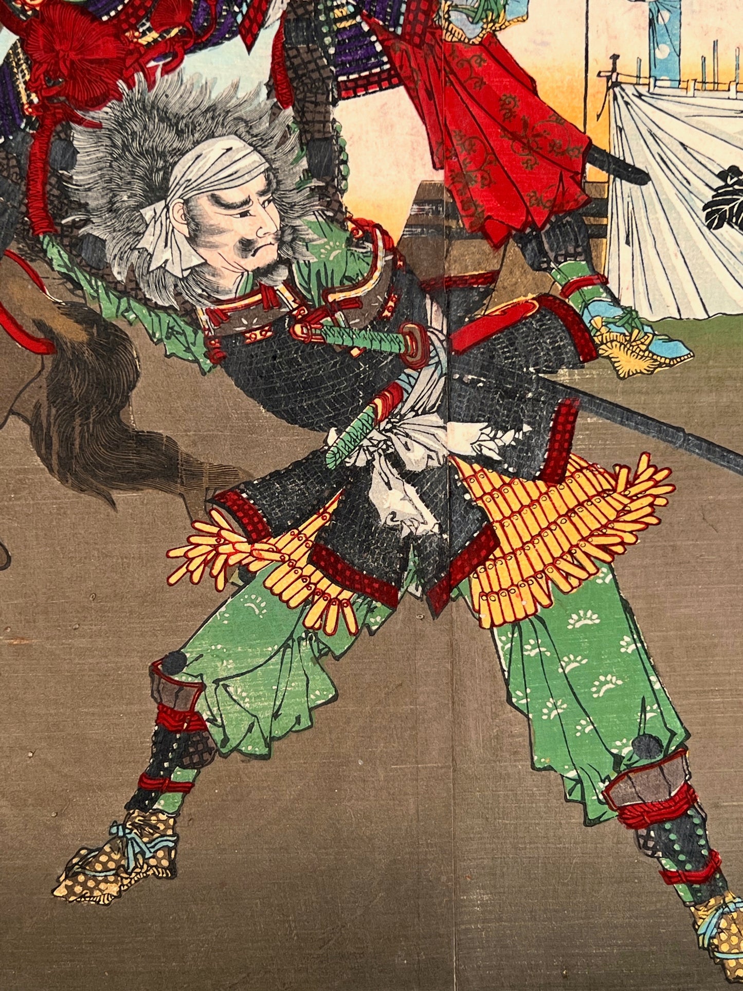 estampe japonaise combat samouraï à cheval, samouraï en armure