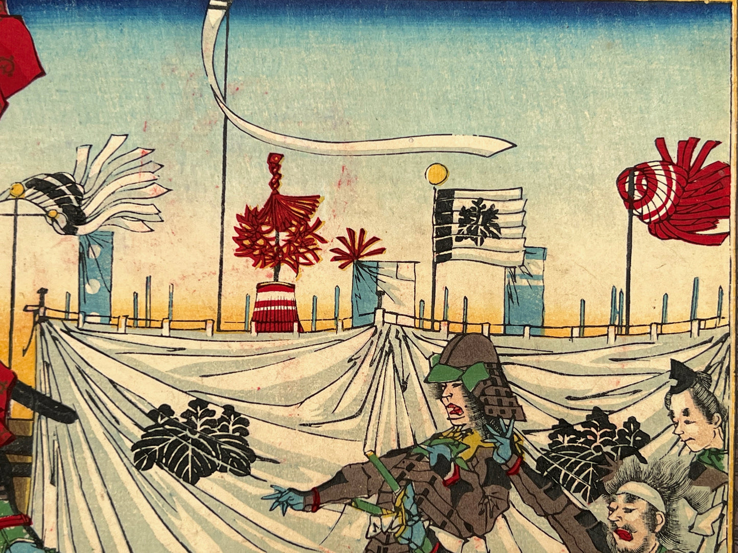 estampe japonaise combat samouraï à cheval, drapeaux et bannières de clan