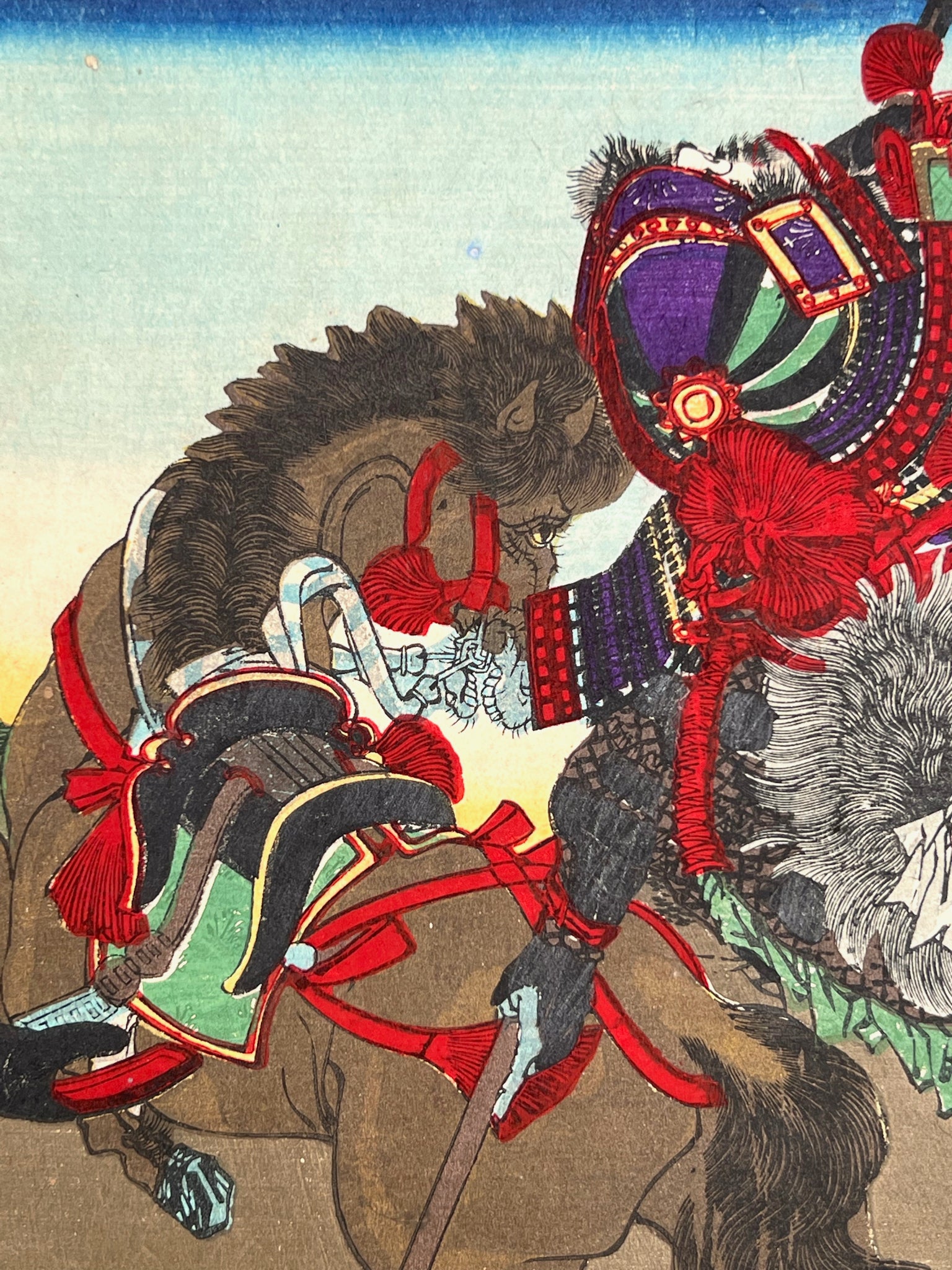 estampe japonaise combat samouraï à cheval,  gros plan sur le cheval