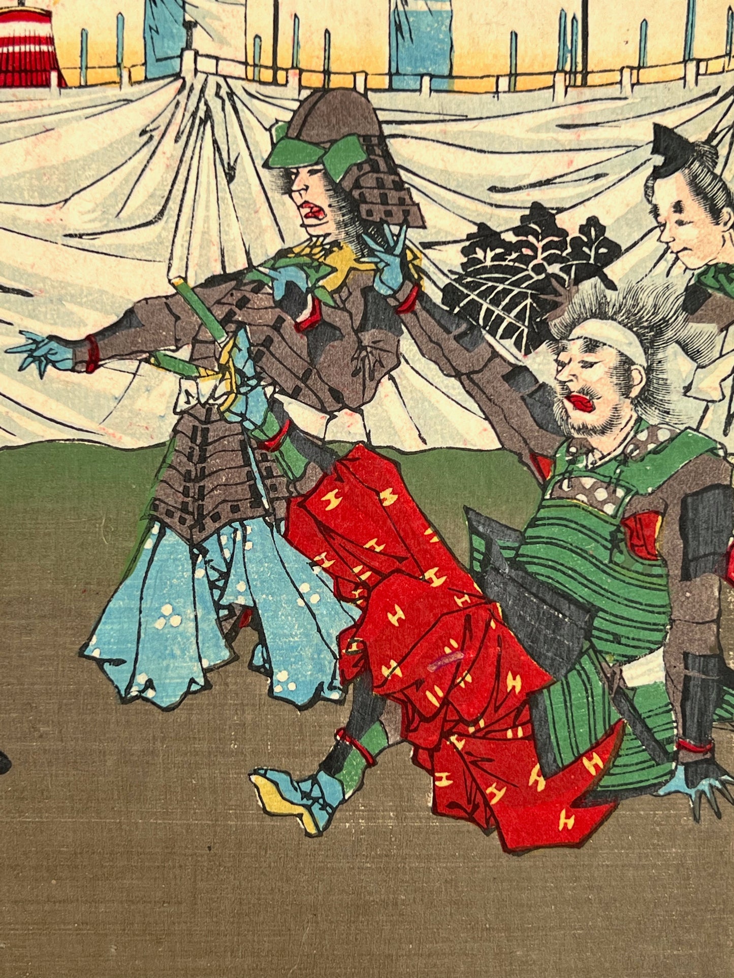 estampe japonaise combat samouraï à cheval, spectateurs ébahis
