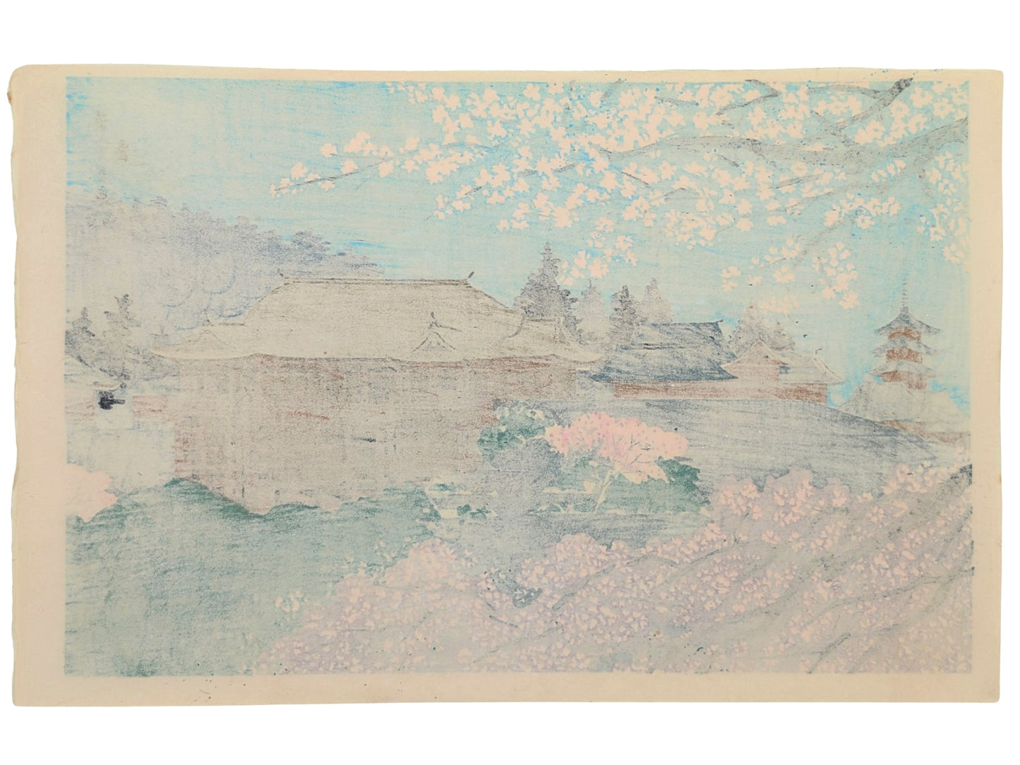 estampe japonaise de Tokuriki, le kiyomizu au printmps sous les cerisiers en fleurs, le verso