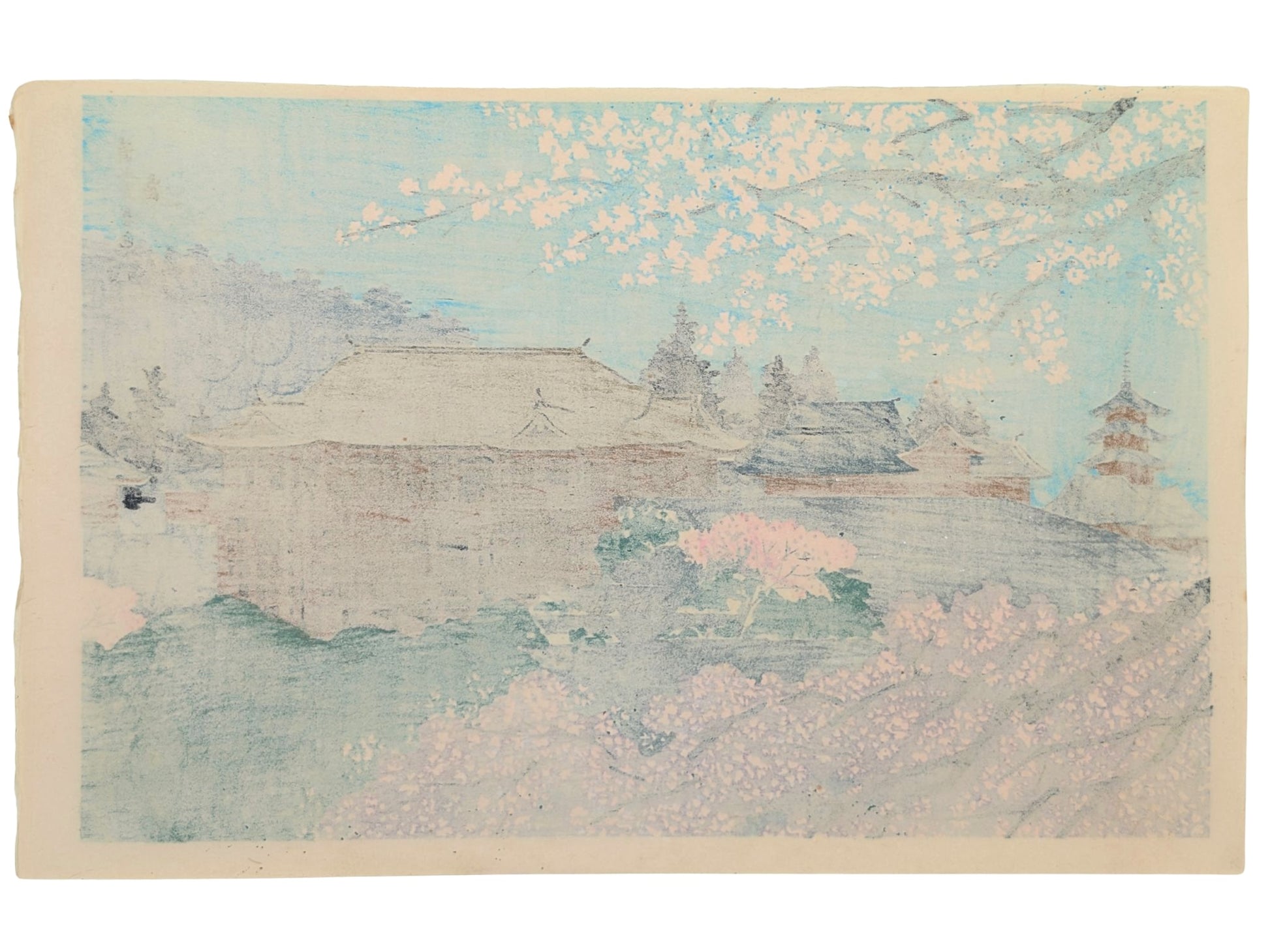 estampe japonaise de Tokuriki, le kiyomizu au printmps sous les cerisiers en fleurs, le verso