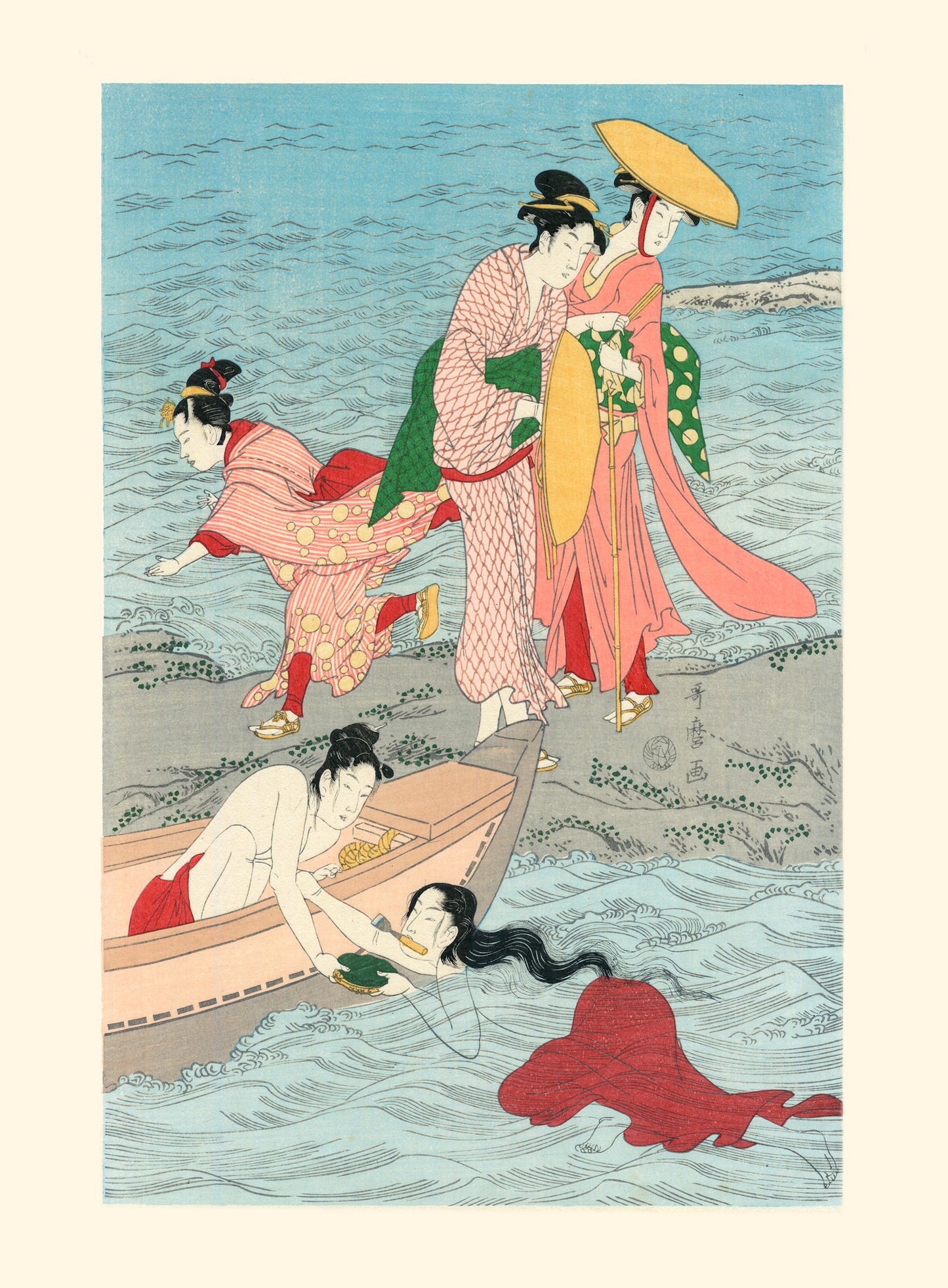 estampe japonaise de Utamaro, pêcheuse d'abalone dans l'eau et pelerines sur le rivage, reproduction Fine Art