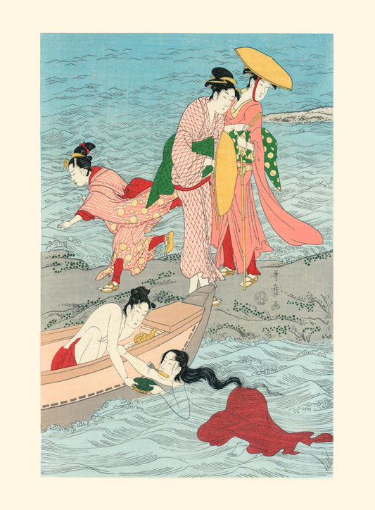 estampe japonaise de Utamaro, pêcheuse d'abalone dans l'eau et pelerines sur le rivage, reproduction Fine Art