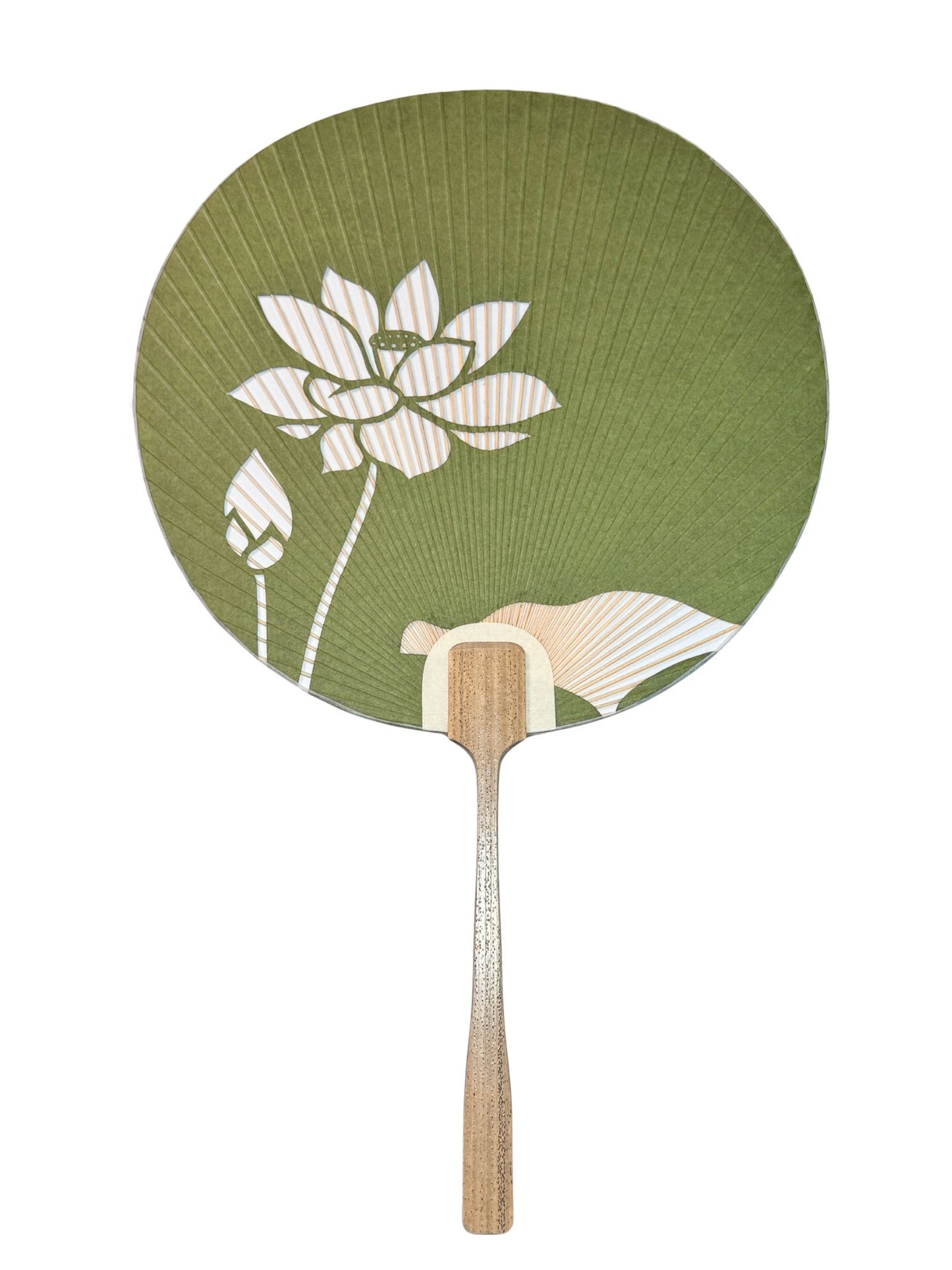 eventail Uchiwa vert avec fleur de lotus découpée, le recto avec manche en bambou
