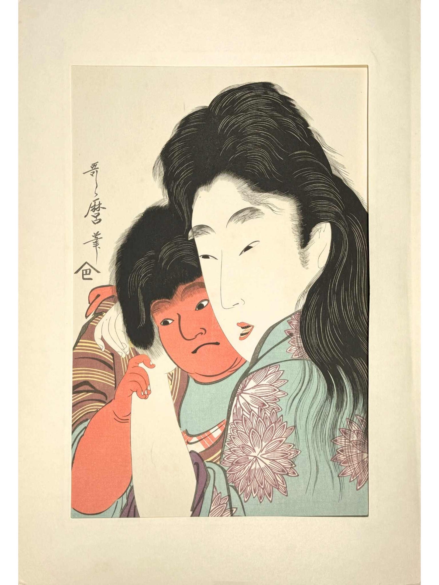 Estampe Japonaise de Utamaro représentant Kintarō, blotti dans les bras de sa mère Yamauba, avec passe-partout
