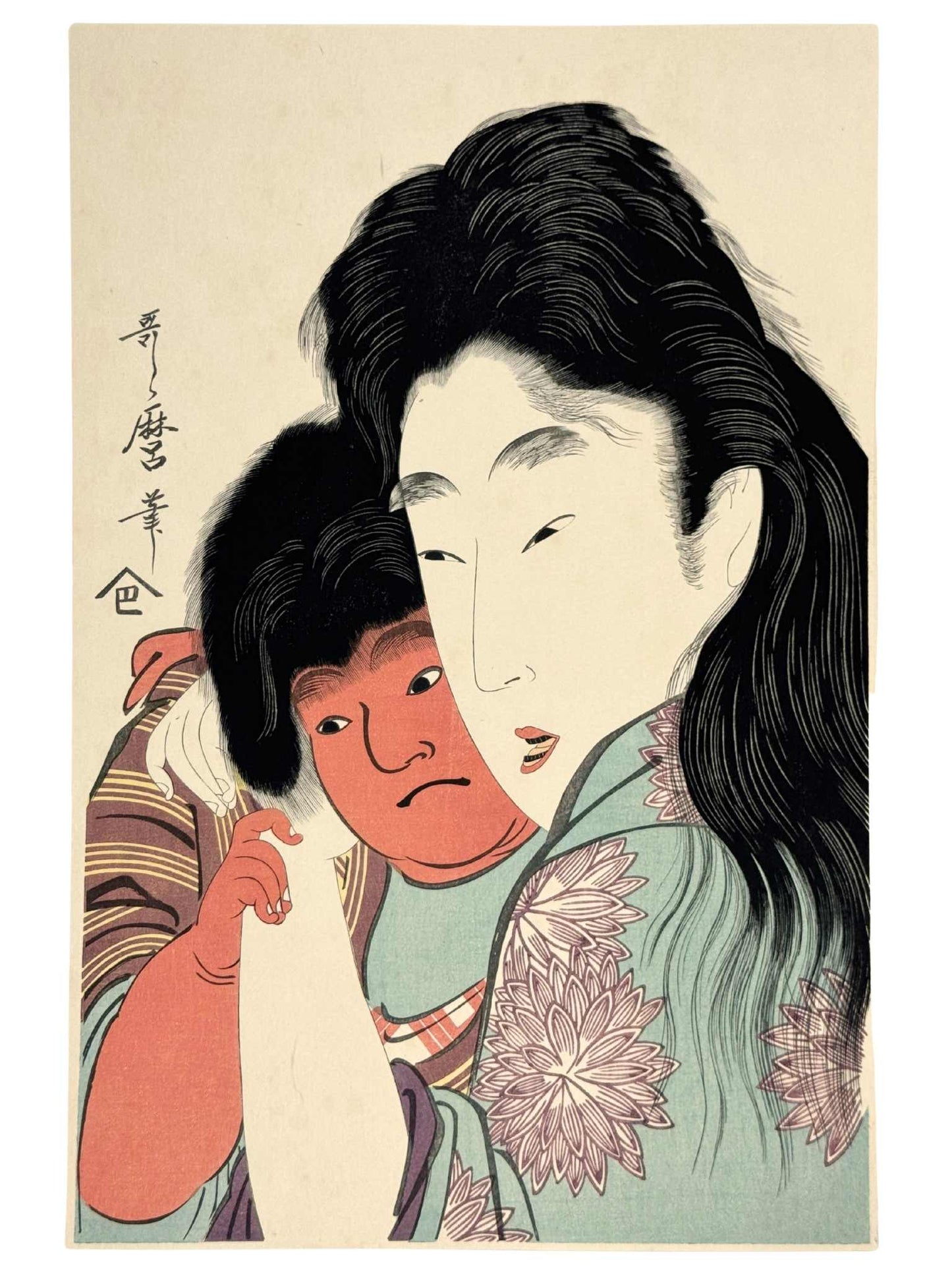 Estampe Japonaise de Utamaro représentant Kintarō, blotti dans les bras de sa mère Yamauba