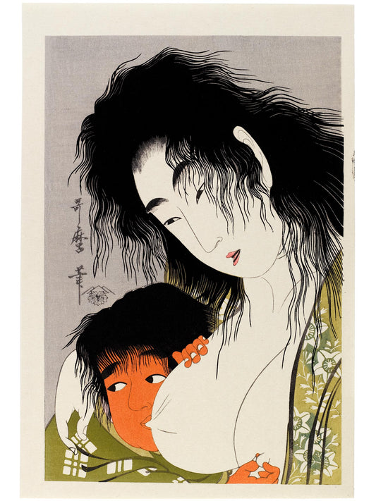estampe japonaise Utamaro, enfant Kintaro à la peau rouge têtant le sein d'une femme et pinçant le téton de l'autre sein
