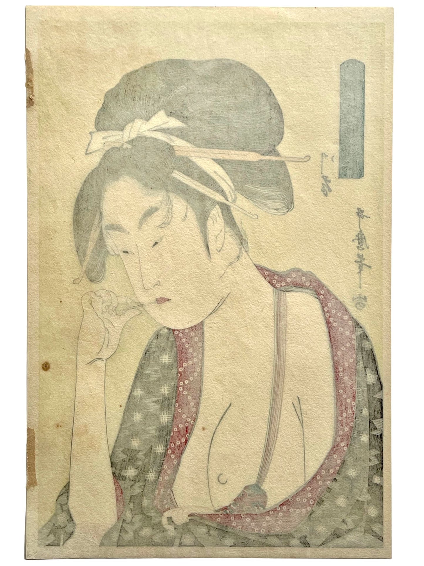 estampe japonaise geisha un sein nu, cure dent dans la bouche, dos de l'estampe
