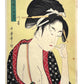 estampe japonaise geisha un sein nu, cure dent dans la bouche