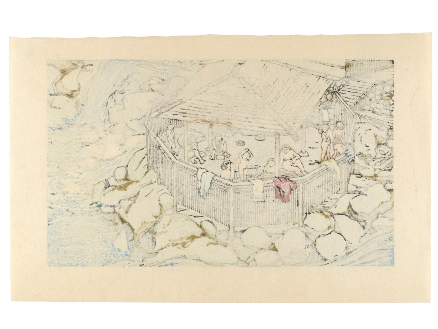 Estampe japonaise de watabe masaya, un bain en nature, onsen à chuzenji. Des enfant et des femmes se baignent sous un auvent entouré d'une palissade en bambou. Dos estampe.