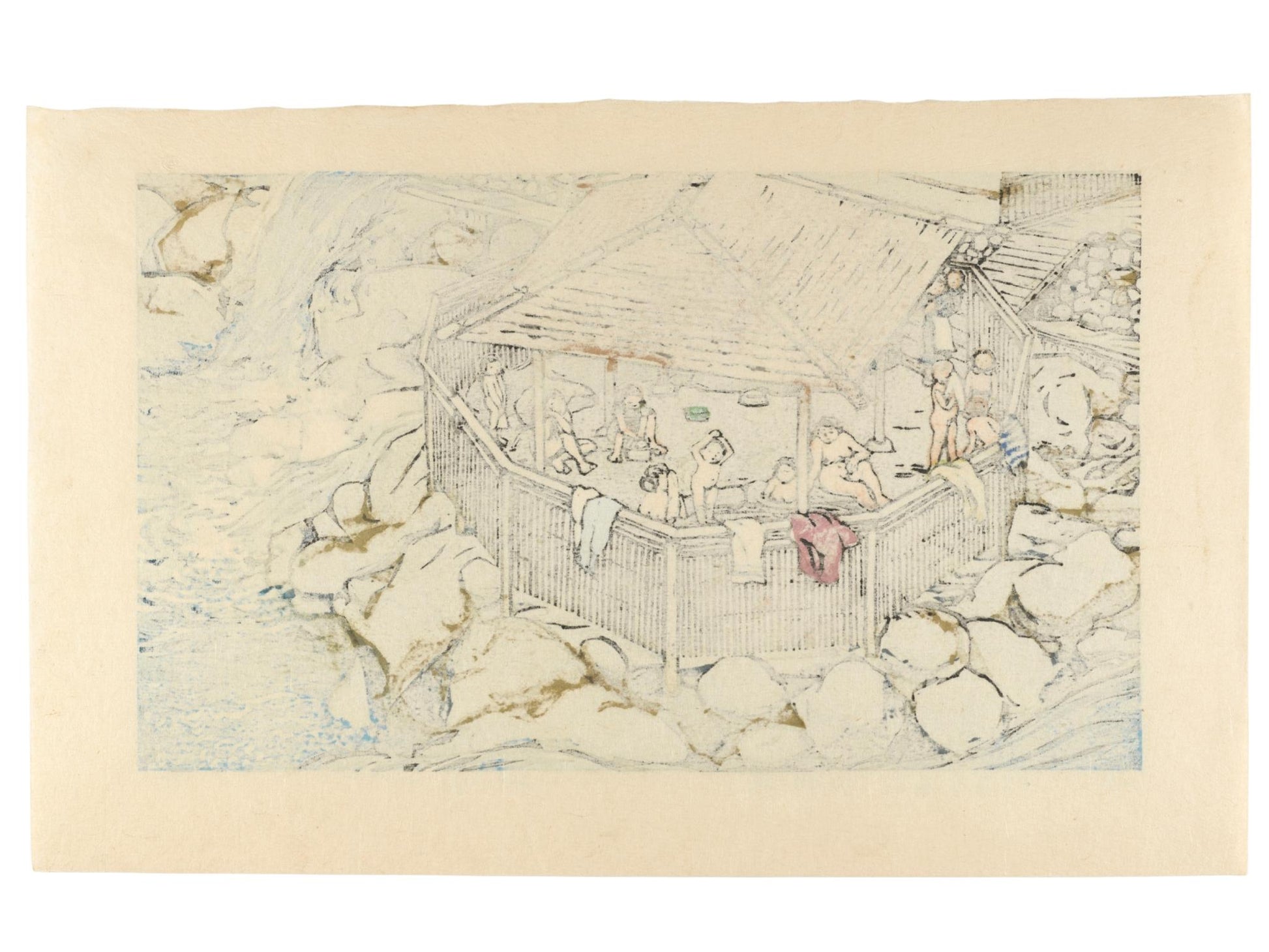 Estampe japonaise de watabe masaya, un bain en nature, onsen à chuzenji. Des enfant et des femmes se baignent sous un auvent entouré d'une palissade en bambou. Dos estampe.
