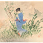 Estampe japonaise de Yamanaka Kōdō représentant une femme en kimono bleu marchant sous la pluie d’automne, entourée de végétation.