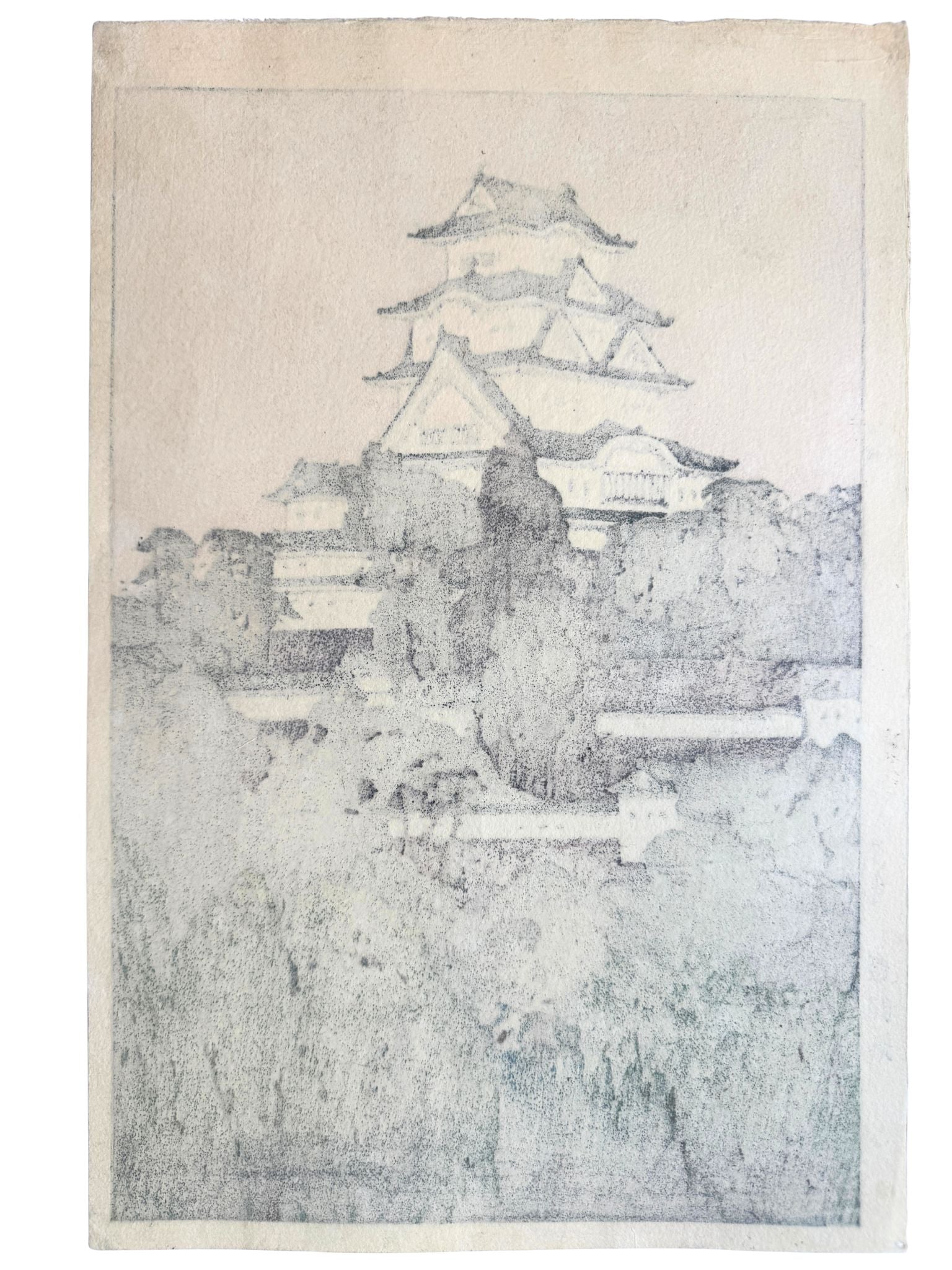 Estampe japonaise du château de Himeji au petit matin par Yoshida Hiroshi, le verso