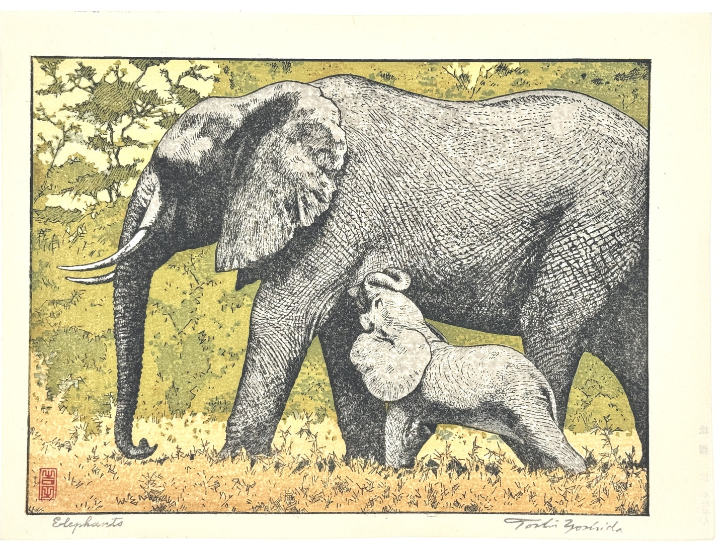 Estampe japonaise de Yoshida Toshi, un éléphant avec son petit 