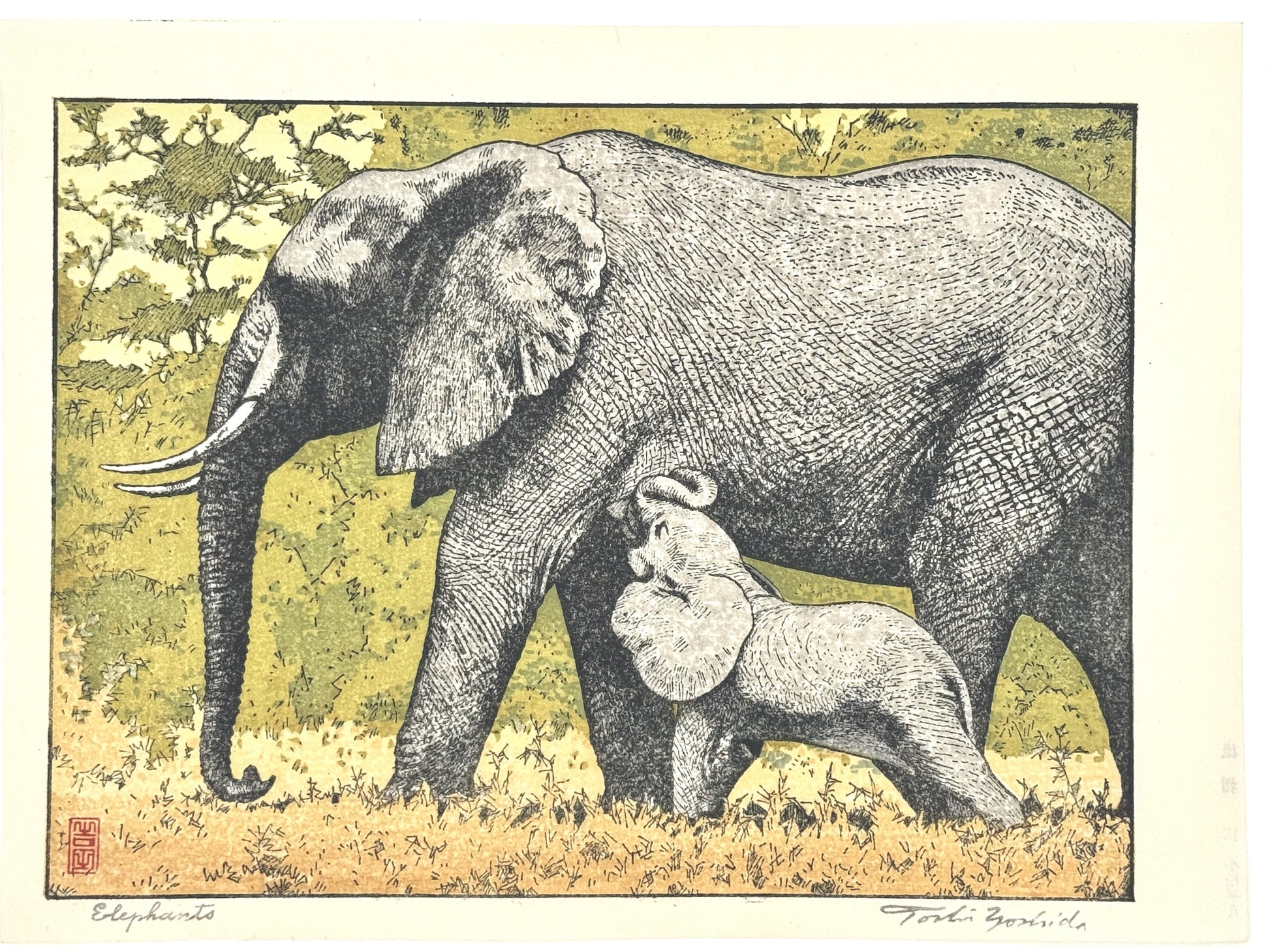 Estampe japonaise de Yoshida Toshi, un éléphant avec son petit 