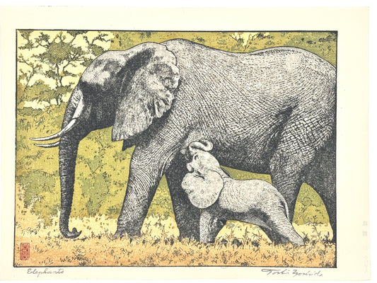 Estampe japonaise de Yoshida Toshi, un éléphant avec son petit 