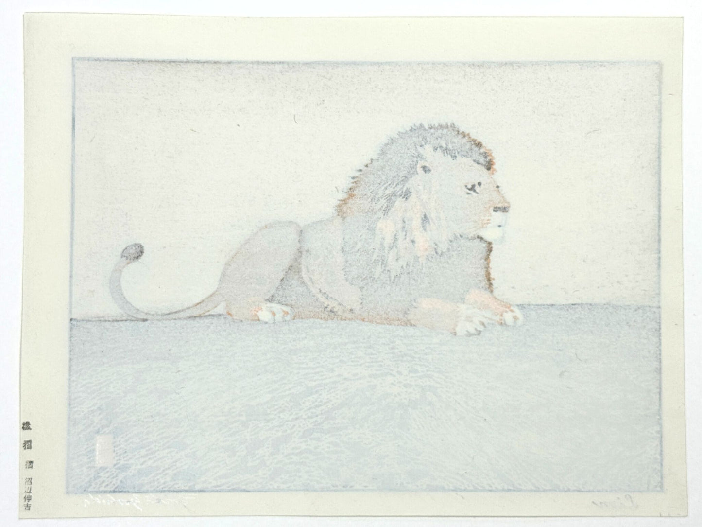 Estampe japonaise de Yoshida Toshi, lion couché, attitude majestueuse, le verso de l'estampe