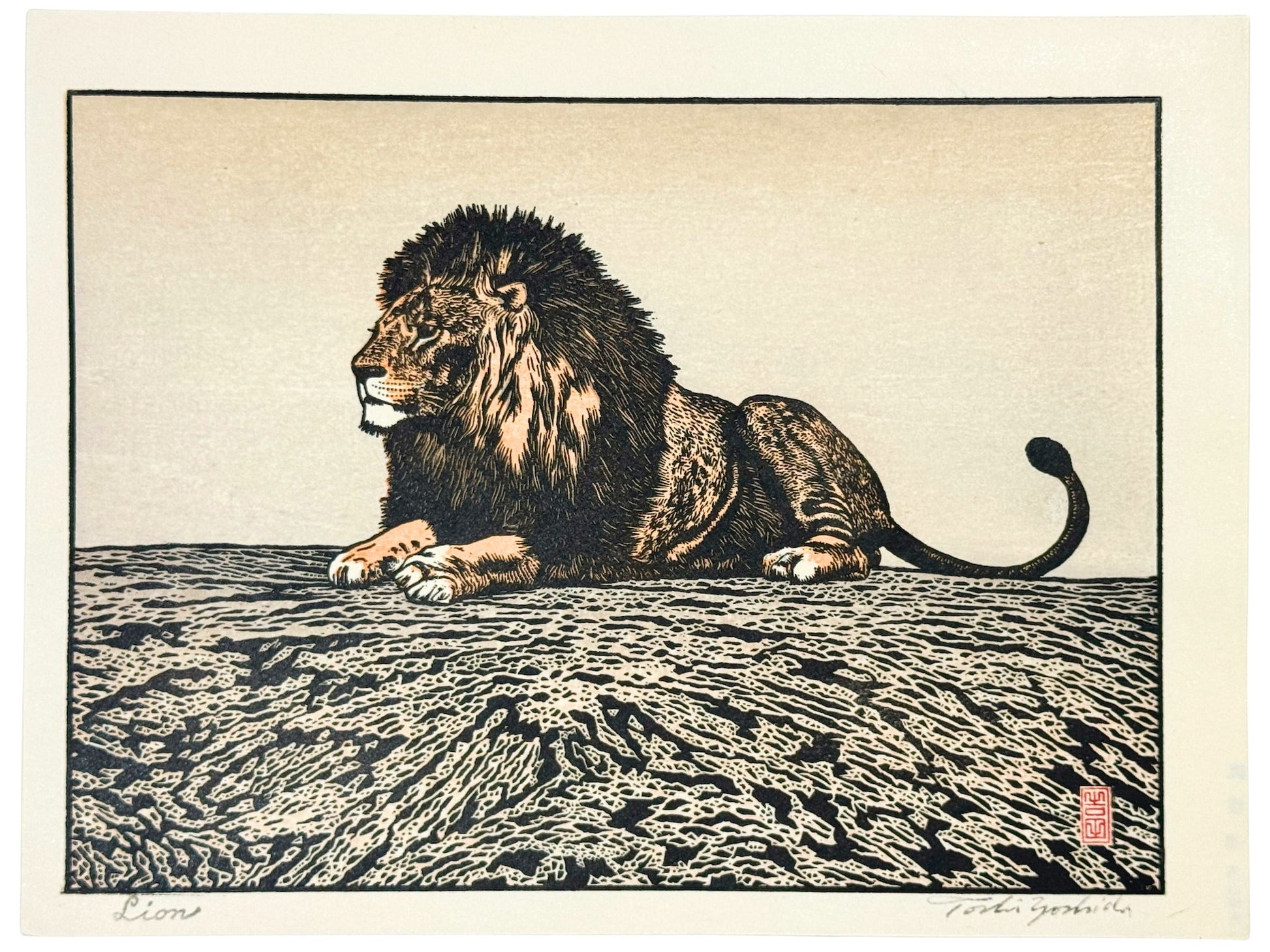 Estampe japonaise de Yoshida Toshi, lion couché, attitude majestueuse