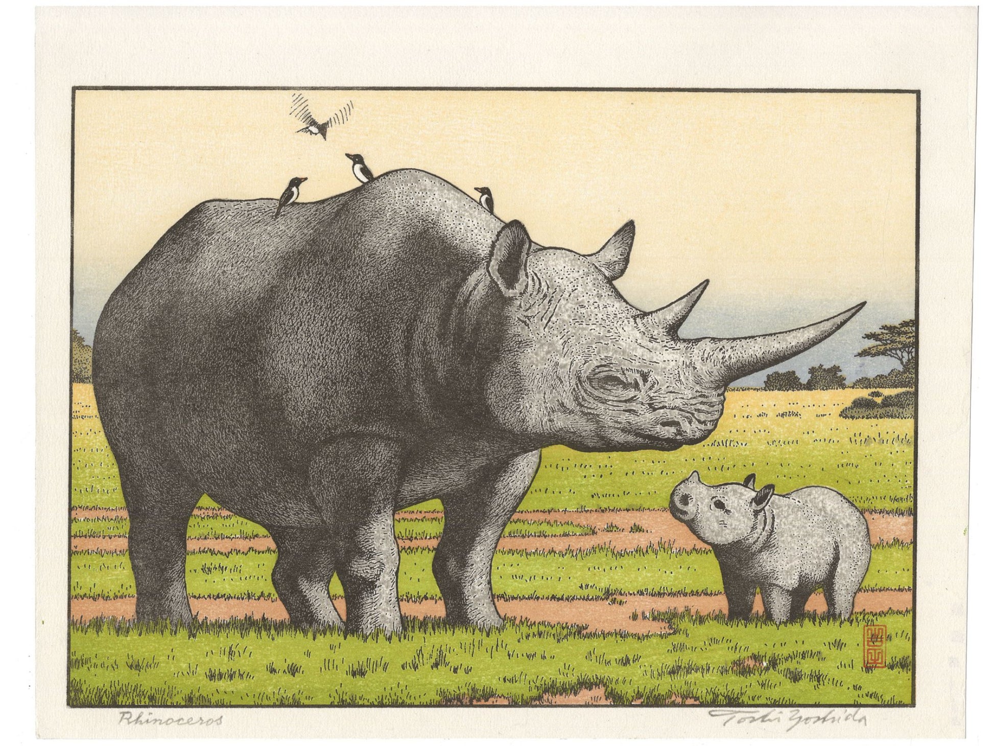 Estampe japonaise de Yoshida Toshi, rhinoceros avec son petit et oiseaux piqueboeuf