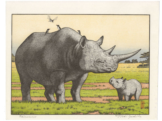 Estampe japonaise de Yoshida Toshi, rhinoceros avec son petit et oiseaux piqueboeuf