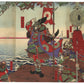 Estampe Japonaise triptyque de Yoshifuji représentant Katō Kiyomasa en armure de samourai contemplant le mont Fuji depuis la Corée accompagné de ses vassaux