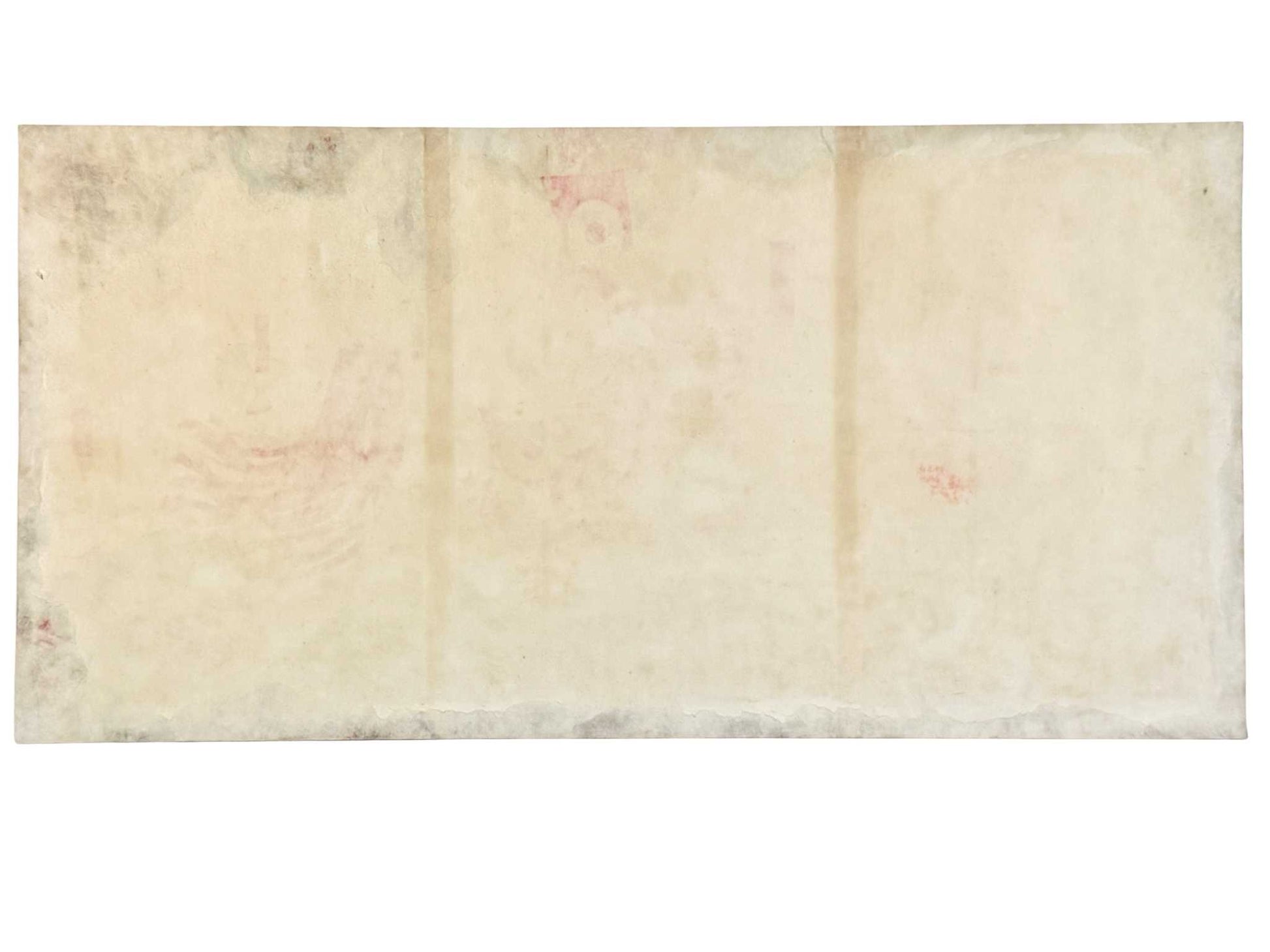 Estampe Japonaise triptyque de Yoshifuji représentant Katō Kiyomasa contemplant le mont Fuji depuis la Corée accompagné de ses vassaux, le verso