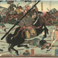 Estampe Japonaise triptyque de Yoshikazu représentant une bataille entre samourai en armure à cheval