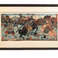Estampe Japonaise triptyque encadrée de Yoshikazu représentant une bataille entre samourai en armure à cheval, avec cadre or patiné noir