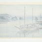 Estampe Japonaise de Hiroshi Yoshida, Bord de la mer intérieure, mitsukojima au crépuscule. Deux bateaux au repos dans une mer bleutée en soirée. Dos estampe.