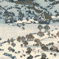 estampe japonaise paysage de neige, rivière, maison et campagne enneigées