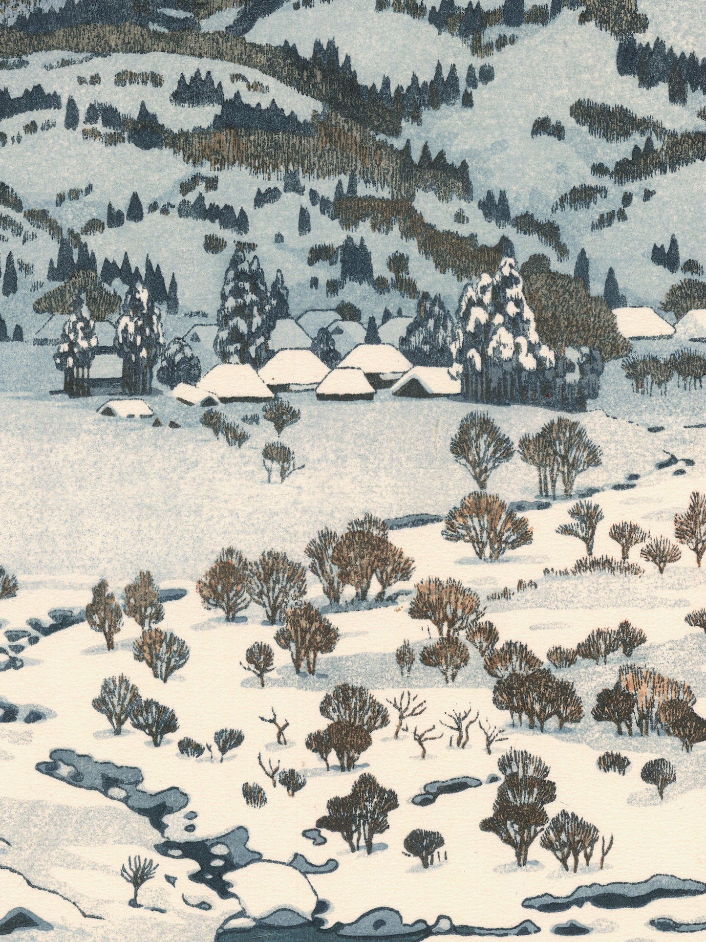 estampe japonaise paysage de neige, rivière, maison et campagne enneigées