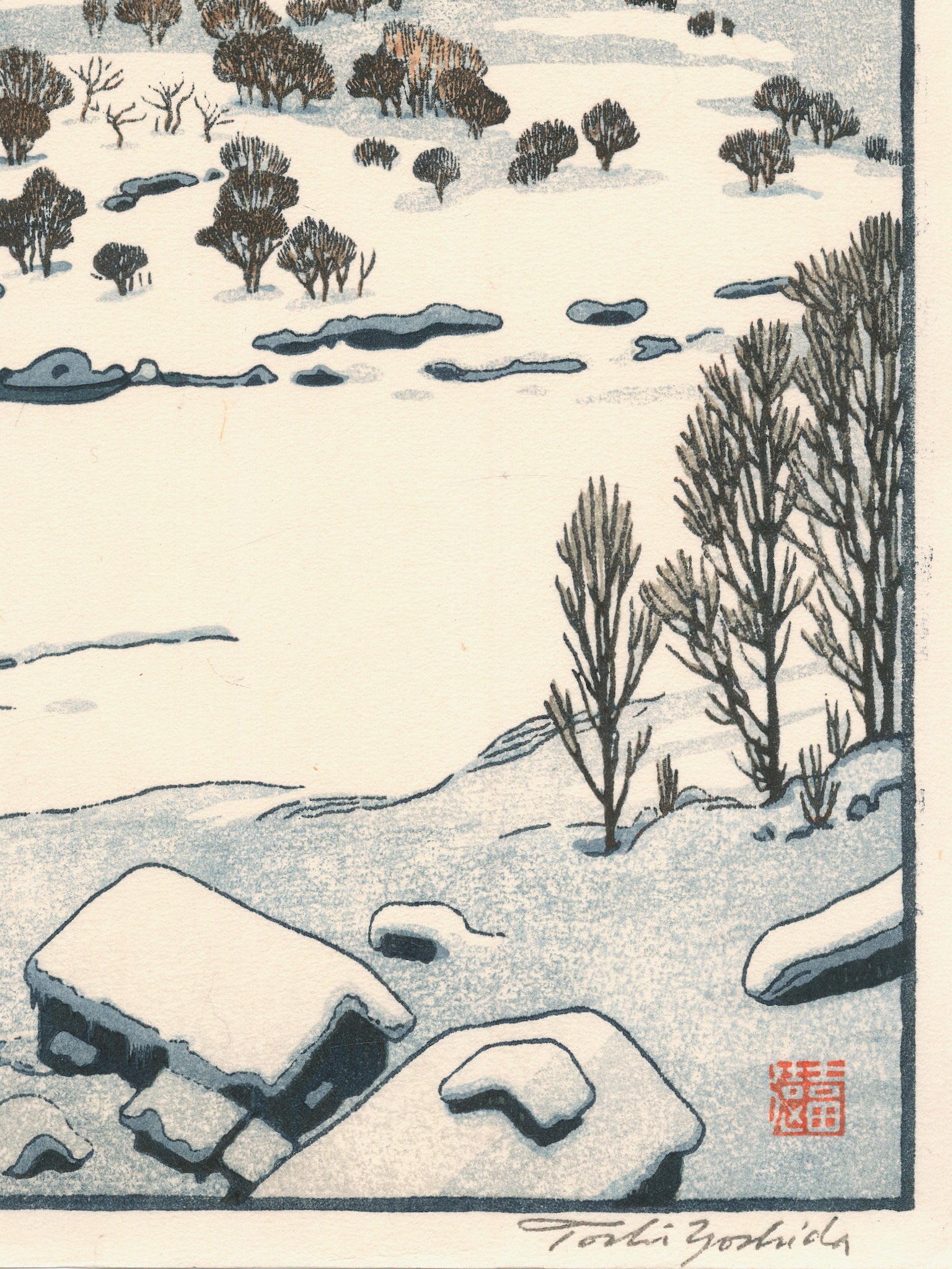 estampe japonaise paysage de neige, signature de l'artiste