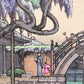 Femme et petites filles en kimono, pont japonais, glycines.