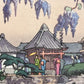 Visiteurs en kimono admirant les glycines, ombrelle, dans le sanctuaire japonais Kameido Tenjin.