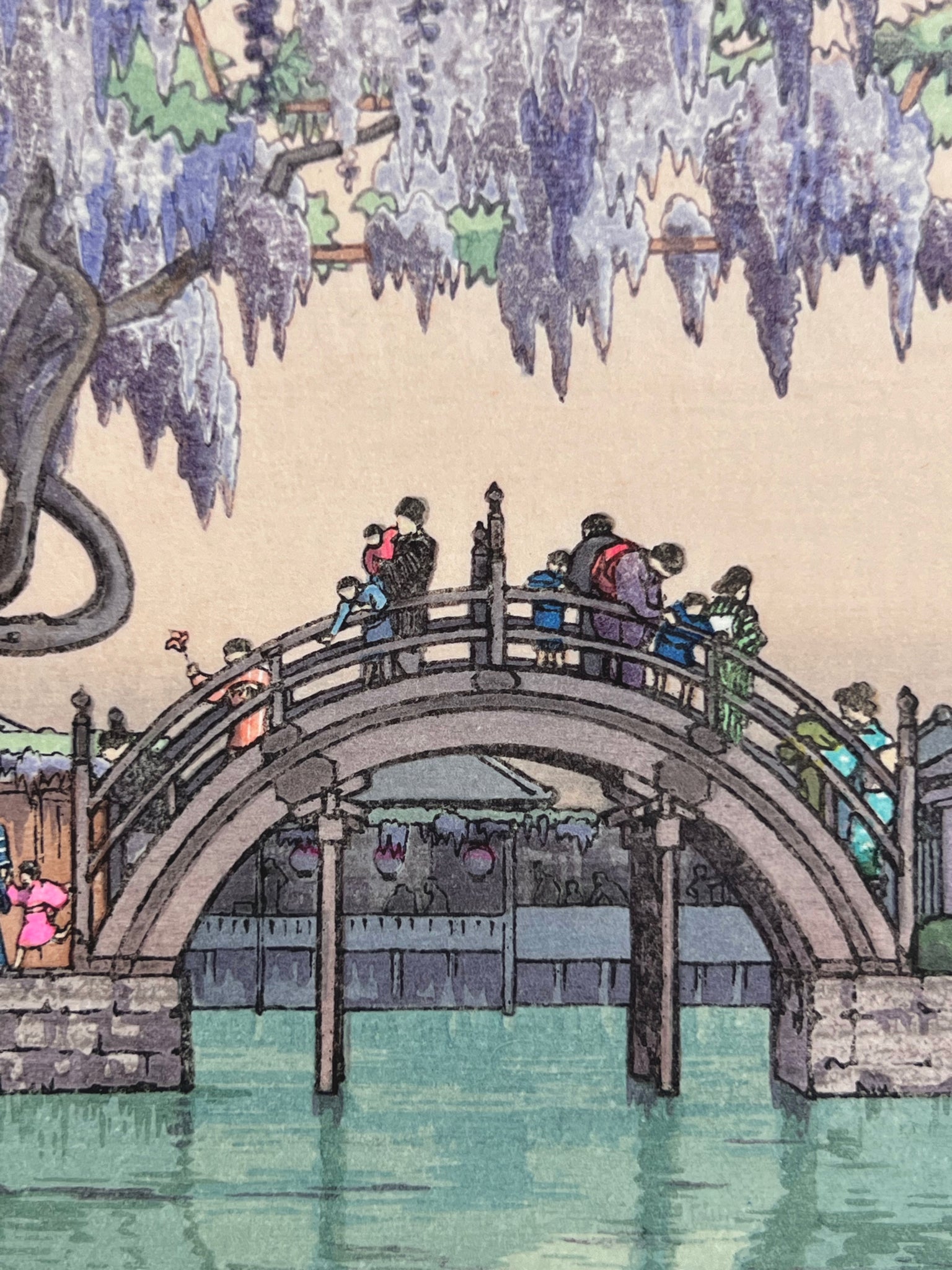Taiko Bashi, pont japonais en demi-lune avec visiteurs venus admirer les glycines.