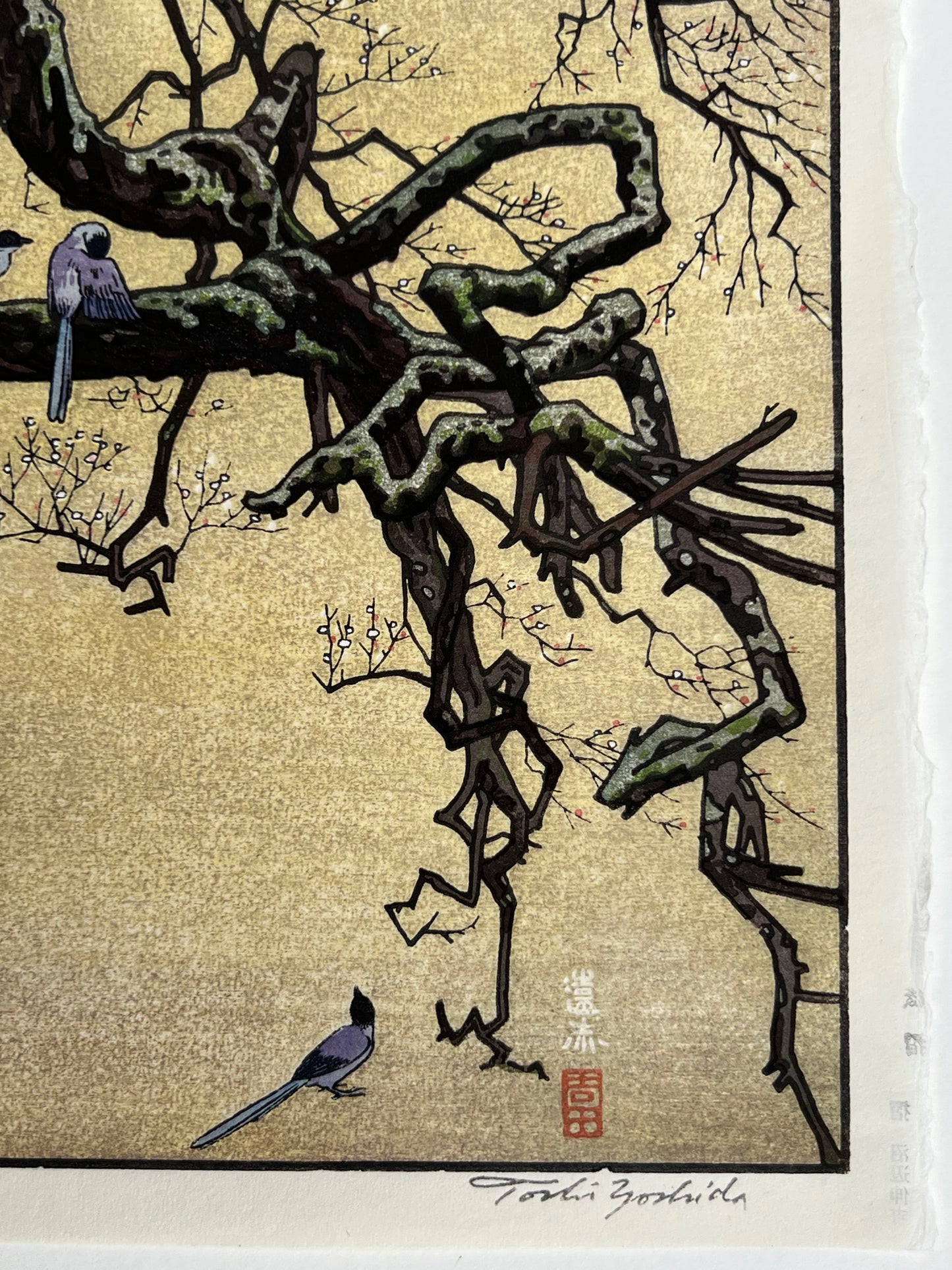 Estampe Japonaise de Yoshida Tо̄shi - Prunier et Pies Bleues