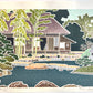 estampe japonaise moderne jardin japonais pont de pierre maison the, lanterne, bambou