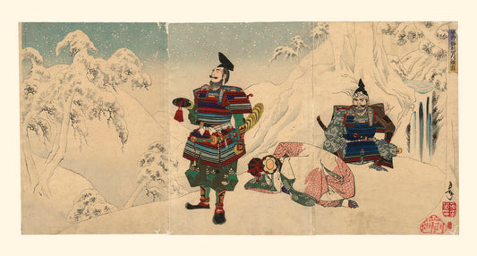 Estampe Japonaise triptyque sous la neige d'un samourai sa maitresse et son valet en habit traditionnel de samourai dans les montagnes enneigées