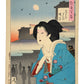 Estampe japonaise de yoshitoshi femme quartier théatre geisha kimono bleu fleurs roses manches rouge silhouettes grises