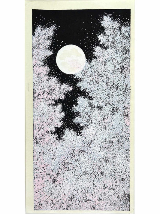 estampe japonaise des cerisiers en fleurs sous une nuit de pleine lune
