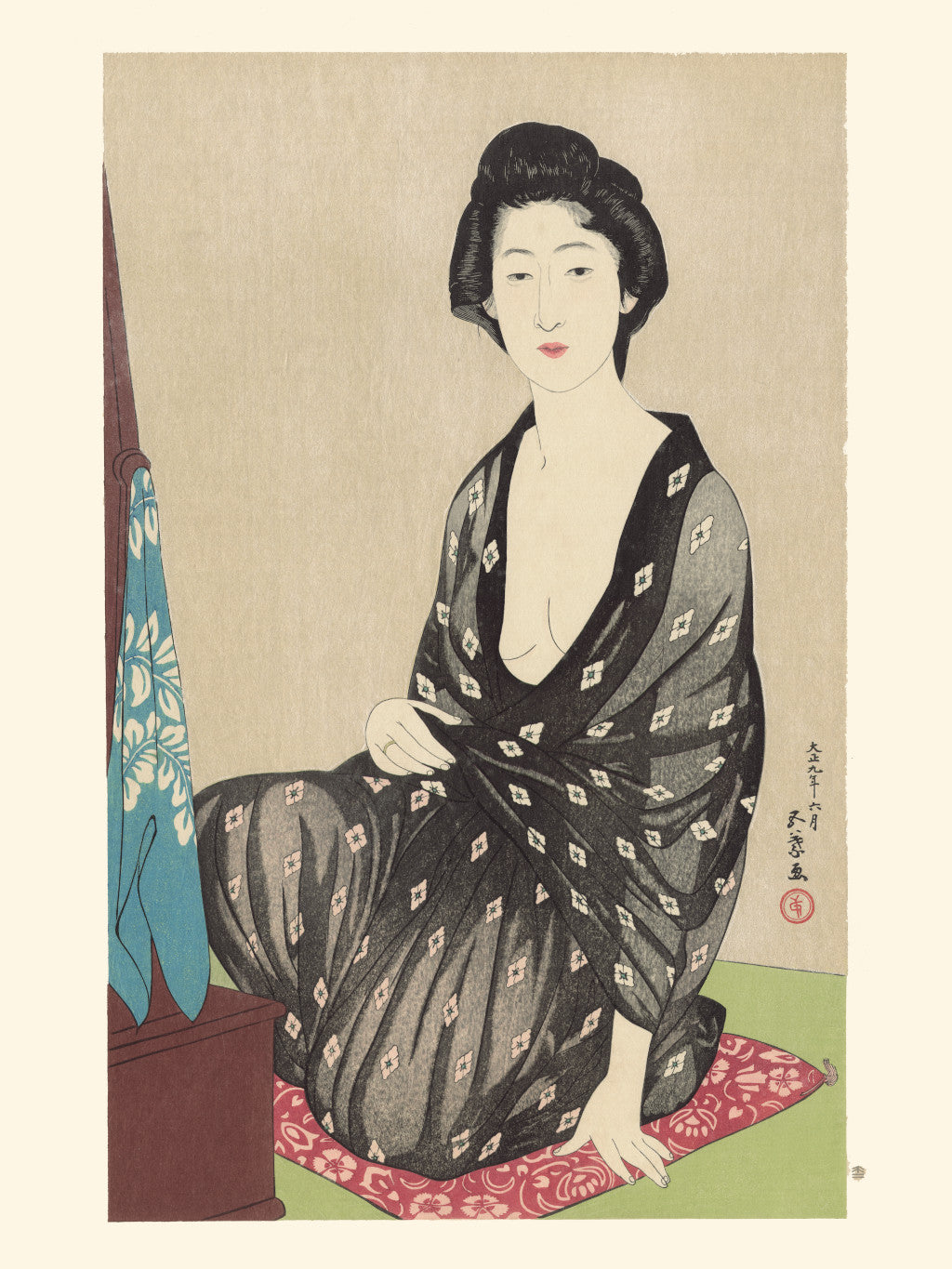 femme après le bain en yukata, kimono léger légèrement entrouvert sur sa poitrine