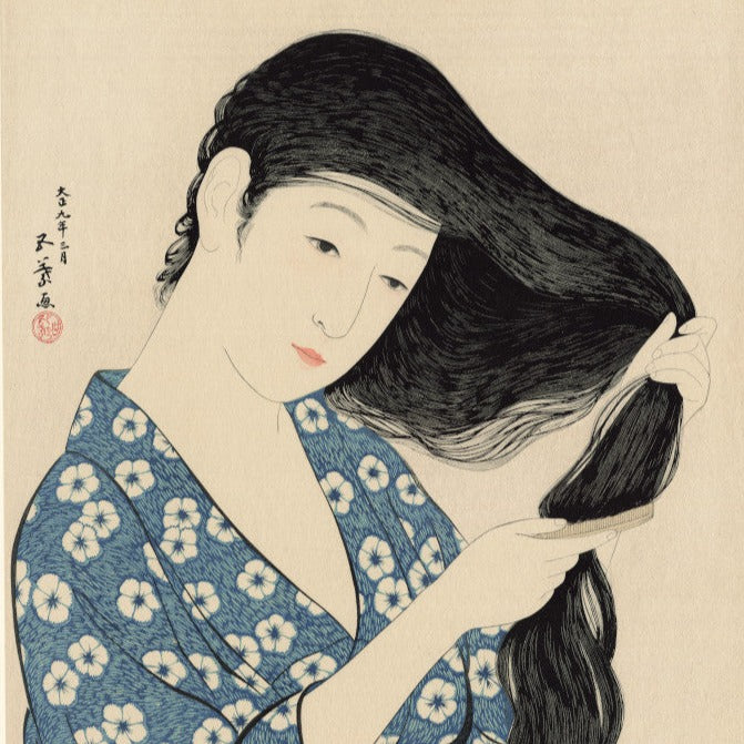 estampe japonaise goyo femme kimono se peignant