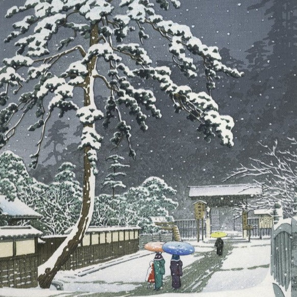 estampe japonaise deux femmes avec des parapluies sous un arbre enneigé vers le temple honmonji tirage art